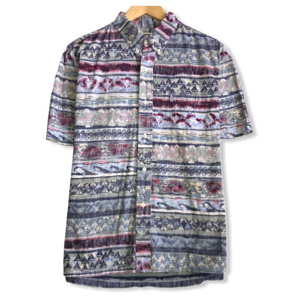 Kahala Men's Multicolor Hawaiian Palm Tree Sail Boat Button Down Shirt‎ Sz Large